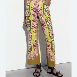 ZARA Multicolor Floral Paisley linen blend Pants - Size L